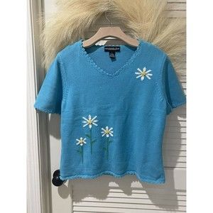 MONTEREY BAY CLOTHING CO. BLUE CROTCHET SUNFLOWER SHORT SLEEVE SWEATER VINTAGE L
